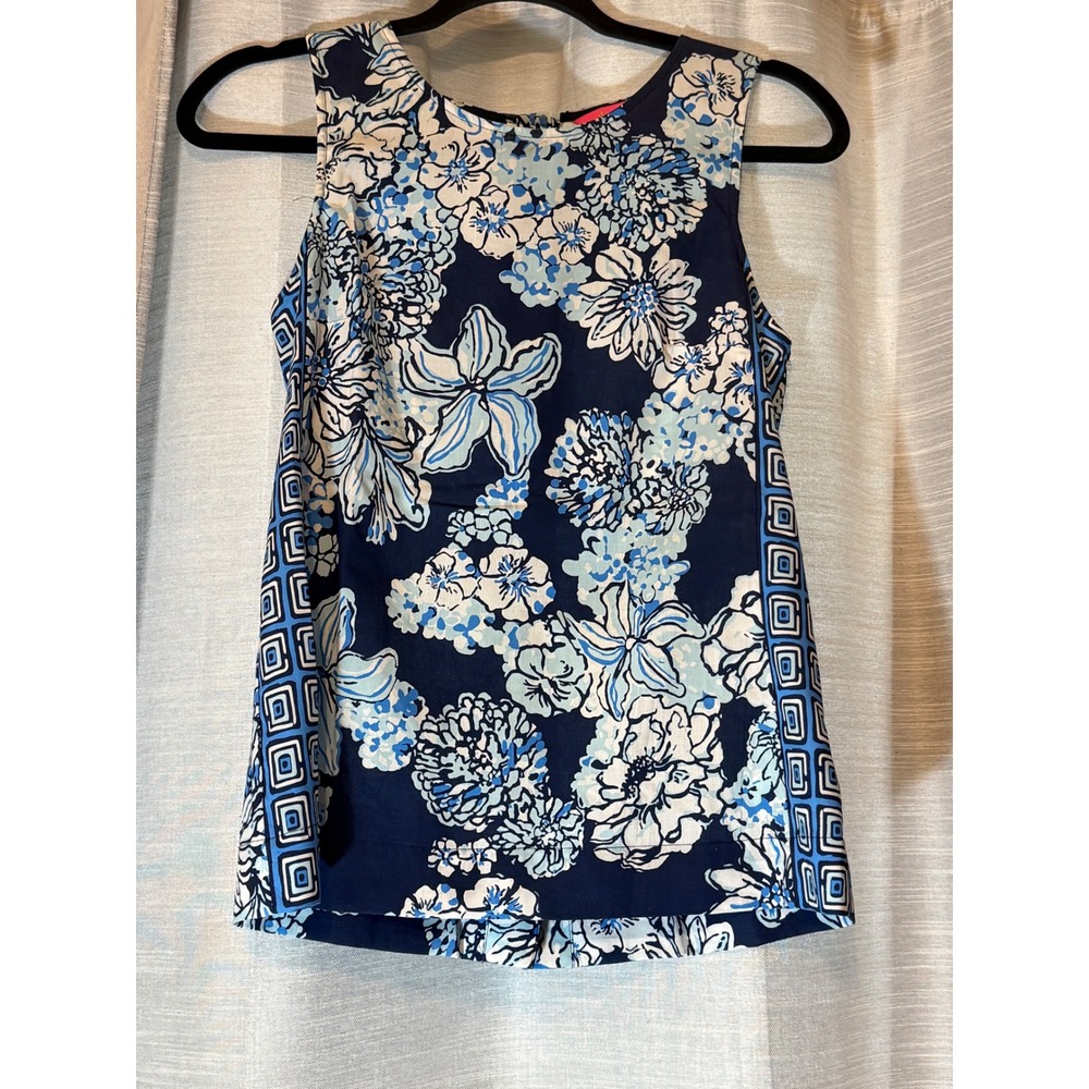 Lilly Pulitzer XXS IONA Sleeveless Tank Top Low Tide Navy Bouquet Tank EUC